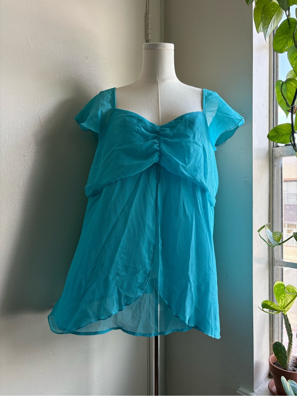 notations y2k aqua blue sheer chiffon shirt